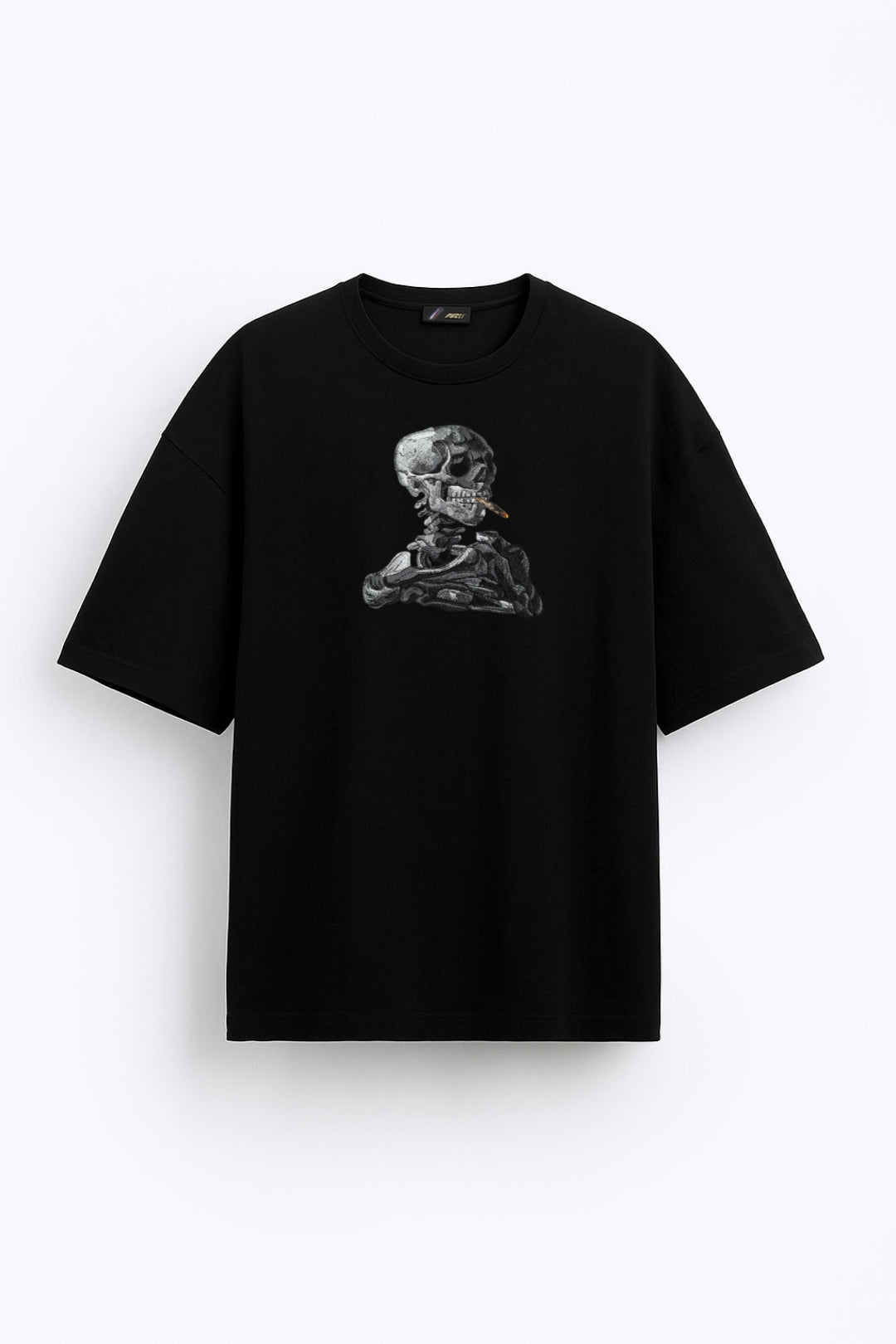 SKULL OF A SKELETON WITH BURNING CIGARETTE OVERSIZED T-SHIRT