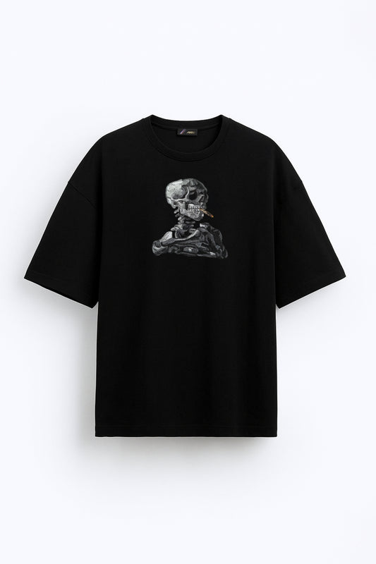 SKULL OF A SKELETON WITH BURNING CIGARETTE OVERSIZED T-SHIRT